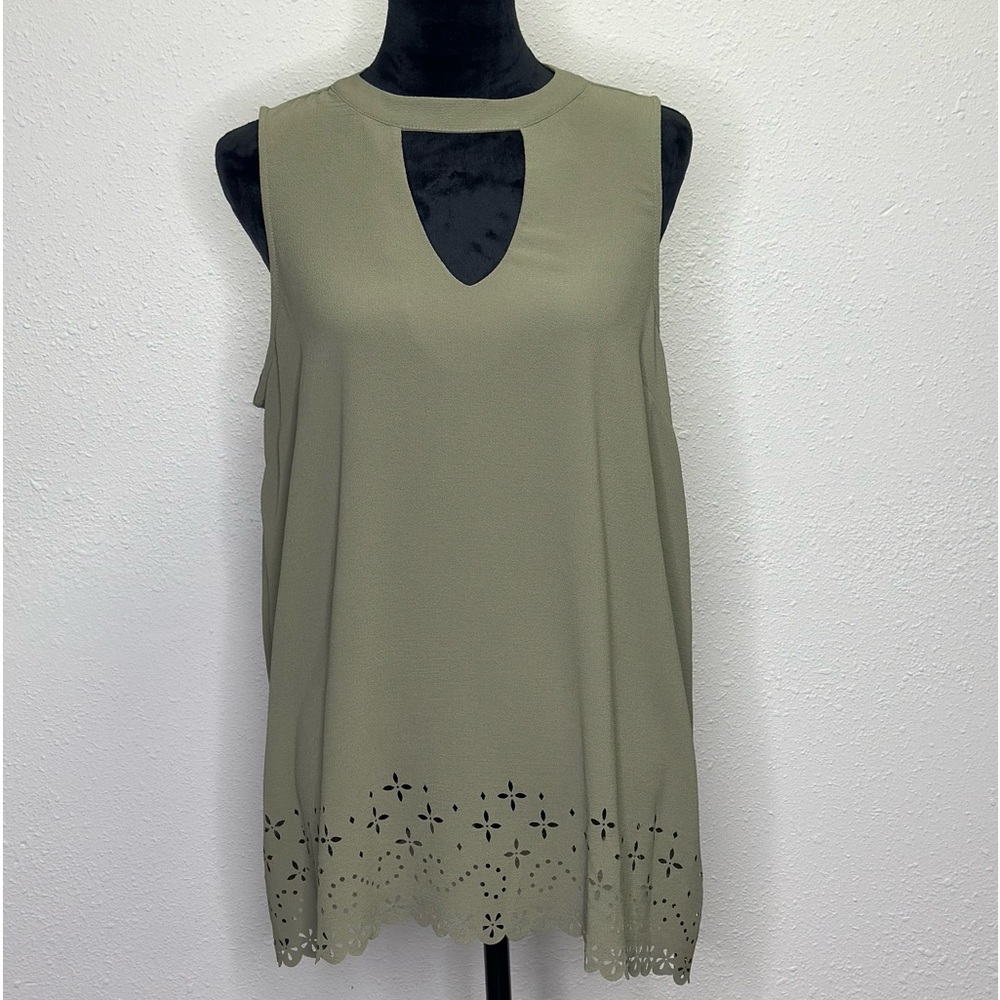 Bobeau Olive Green Sleeveless Blouse with Cutout Detail - Size 1X